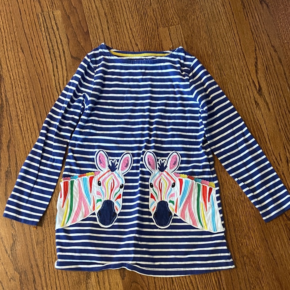 Mini Boden Blue Striped Long Sleeve tunic with Colorful Zebra pockets